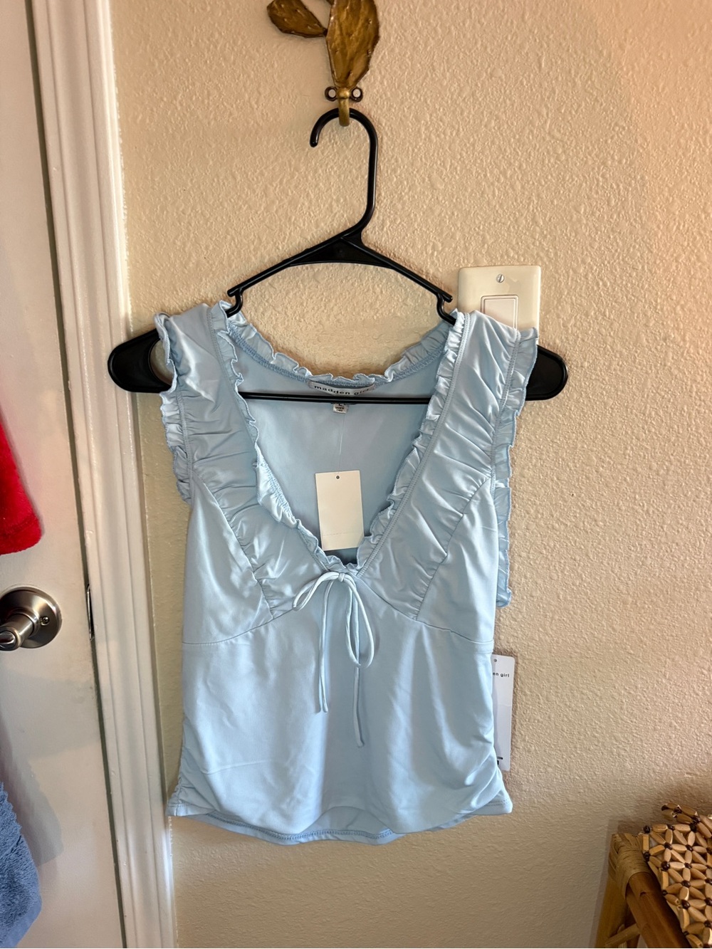 Sleeveless Light Blue Ruffle Tie-Front Top
